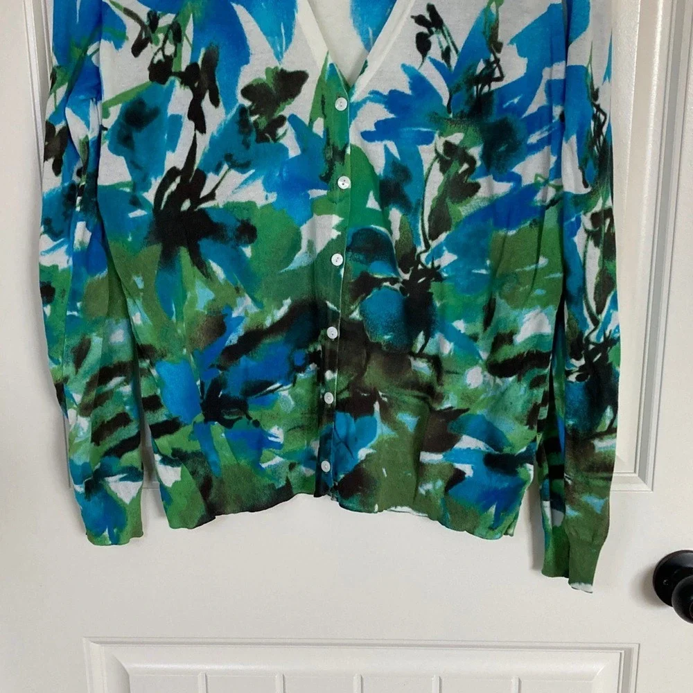 Jones New York Blue Green Floral V-Neck Button Front Cardigan Size XL Cotton Mix